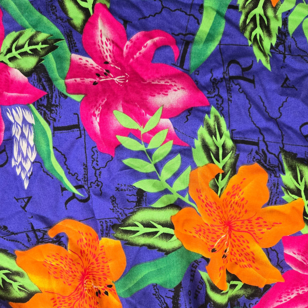 70s Vintage Blue Tropical Floral Island Midi Blouson Dress USA Made Size 6 - Picture 10 of 12